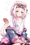  1girl animal_ears arknights black_hairband blue_bow blue_jacket bow braid cat_ears cat_girl cat_tail collarbone crying crying_with_eyes_open cy_fros floppy_ears flying_sweatdrops goldenglow_(arknights) hair_between_eyes hair_bow hair_ornament hairband hairclip highres jacket lightning_bolt_print long_hair long_sleeves looking_at_viewer multicolored_clothes multicolored_jacket off_shoulder open_clothes open_jacket pink_hair pink_jacket print_hairband shirt simple_background sitting solo tail tail_raised tears two-tone_jacket white_background white_shirt yellow_eyes 