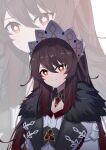  1girl absurdres alternate_costume bangs blush brown_hair closed_mouth coat commentary_request cosplay detached_collar flower-shaped_pupils fur-trimmed_coat fur_collar fur_trim genshin_impact gradient_hair hair_between_eyes highres hu_tao_(genshin_impact) long_hair looking_at_viewer maid_headdress multicolored_hair qixia red_eyes sandrone_(genshin_impact) sandrone_(genshin_impact)_(cosplay) sidelocks simple_background smile solo symbol-shaped_pupils twintails white_headwear zoom_layer 