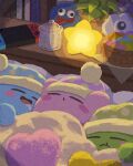  basket bed bed_sheet blush book candy closed_eyes desk food highres hug kirby kirby_(series) lamp light light_rays miclot nintendo nintendo_switch open_mouth outstretched_arms pajamas saliva saliva_trail sleeping spread_arms star_(symbol) stuffed_toy tongue 