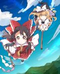  2girls absurdres ascot bangs black_eyes black_footwear black_hair black_headwear blonde_hair blue_sky bow braid broom broom_riding brown_eyes closed_mouth clouds detached_sleeves flying full_body gohei hair_bow hakurei_reimu hat hat_bow highres holding kirisame_marisa light_rays looking_at_viewer medium_hair mountain multiple_girls namori_(style) outdoors red_bow ribbon-trimmed_sleeves ribbon_trim sasaki_sakiko short_sleeves side_braid single_braid sky smile touhou v-shaped_eyebrows white_bow wide_sleeves witch_hat yellow_ascot yellow_eyes 