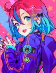  1girl absurdres ahoge bandaid bandaid_on_cheek bandaid_on_face blue_eyes blue_hair blue_nails from_side gradient_hair hands_up highres jacket joybrew long_sleeves looking_at_viewer multicolored_hair open_mouth original own_hands_together redhead short_hair solo upper_body 