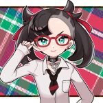  1girl asymmetrical_bangs bangs black_choker black_hair black_necktie blush breast_pocket choker closed_mouth collarbone collared_shirt commentary_request earrings eyelashes fu_(tk1189227dhy) glasses green_eyes hair_ribbon hand_up jewelry letterboxed long_sleeves looking_at_viewer marnie_(pokemon) necktie outline pocket pokemon pokemon_(game) pokemon_swsh red-framed_eyewear red_ribbon ribbon shirt short_necktie sleeves_past_wrists smile solo twintails upper_body white_shirt 