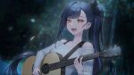  1girl baegbalbaegjung bangs blurry blurry_background dark_blue_hair fangs guitar highres holding holding_instrument instrument lilpa looking_at_viewer music off-shoulder_shirt off_shoulder open_mouth playing_instrument ponytail shirt solo upper_body virtual_youtuber waktaverse white_shirt yellow_eyes 