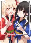  2girls :d absurdres black_hair blonde_hair blue_kimono hair_ribbon highres inoue_takina japanese_clothes kimono long_hair looking_at_viewer lycoris_recoil multiple_girls nagisa_iori nishikigi_chisato obi red_eyes red_kimono red_ribbon ribbon sash short_hair smile twintails v violet_eyes 