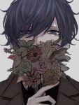  1boy avanokabeuch black_hair blue_eyes bouquet brown_jacket covered_mouth flower glitch hair_between_eyes highres holding holding_bouquet jacket male_focus original portrait simple_background solo unfinished white_background 