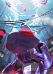 alternate_color building clouds commentary_request day ewokakukaede from_below genesect highres no_humans outdoors pokemon pokemon_(creature) red_eyes shiny_pokemon sky 