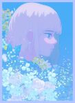  1girl blue_background blue_eyes border flower from_side highres nixeu original pastel_colors rose short_hair white_border white_hair 