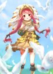  1girl asukaru_(magika_ru) bird braid detached_sleeves dress facepaint feathers frilled_dress frills gloves hand_up hat hat_feather highres himuro_rabi long_hair magia_record:_mahou_shoujo_madoka_magica_gaiden magical_girl mahou_shoujo_madoka_magica pink_eyes pink_hair scarf solo white_bird white_dove 