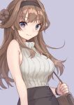  1girl alternate_costume bag black_skirt blush breasts brown_hair closed_mouth double_bun grey_background hair_bun kantai_collection kongou_(kancolle) large_breasts long_hair mitsuyo_(mituyo324) ribbed_sweater shoulder_bag simple_background skirt sleeveless smile solo sweater upper_body violet_eyes white_sweater 