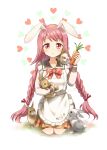  1girl animal animal_ears apron asukaru_(magika_ru) braid carrot frilled_apron frills heart highres himuro_rabi holding holding_bunny holding_carrot kneeling long_hair long_sleeves magia_record:_mahou_shoujo_madoka_magica_gaiden mahou_shoujo_madoka_magica pink_eyes pink_hair rabbit rabbit_ears ribbon school_uniform solo 