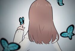  1girl animal brown_hair bug butterfly from_behind gradient gradient_background holding holding_animal hololive long_hair looking_away mikeneko_(utaite) niconico original sad sakana_(saka11205) sweater upper_body uruha_rushia white_background 