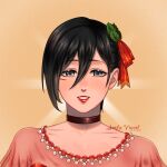  1girl absurdres annlu_vazzel artist_name black_eyes black_hair brown_choker choker collarbone dated hair_between_eyes hair_ribbon highres mikasa_ackerman parted_lips portrait red_lips ribbon shingeki_no_kyojin short_hair smile solo 