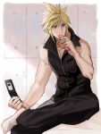  1boy bare_arms barefoot bed_sheet black_pants black_shirt blonde_hair blue_eyes candy candy_bar cellphone cloud_strife collarbone crossed_legs eating final_fantasy final_fantasy_vii final_fantasy_vii_advent_children flip_phone food hair_between_eyes high_collar holding holding_candy holding_food holding_phone indoors jjn_ff7 looking_to_the_side male_focus muscular muscular_male open_collar pants phone shirt short_hair sitting sleeveless sleeveless_shirt solo spiky_hair tile_wall tiles upper_body wrapper 