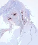  1boy absurdres androgynous bai_xiao bishounen blood blue_eyes blurry candy depth_of_field food hair_between_eyes highres holding holding_candy holding_food looking_at_viewer lu87168373 male_focus medium_hair pointy_hair ponytail shiny shiny_hair sidelocks sky:_children_of_the_light solo white_background white_hair 