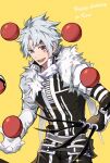  1boy allen_walker bangs black_order_uniform blue_eyes d.gray-man facial_mark fur_trim gloves hair_between_eyes heterochromia highres jacket juggling long_sleeves looking_down male_focus open_mouth patient_zero red_eyes scar short_hair smile solo white_hair 