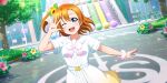 blue_eyes blush dress kousaka_honoka love_live!_school_idol_festival_all_stars orange_hair short_hair smile wink