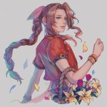  1girl aerith_gainsborough arm_up bangle bangs bracelet braid braided_ponytail brown_hair cassandra_(avocasso) cropped_jacket dress falling_petals final_fantasy final_fantasy_vii final_fantasy_vii_remake flower flower_basket green_eyes grey_background hair_ribbon jacket jewelry leaf long_hair looking_at_viewer parted_bangs petals pink_dress pink_flower pink_ribbon red_jacket ribbon short_sleeves sidelocks smile solo upper_body wavy_hair yellow_flower 