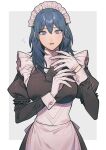  1girl apron bangs blue_eyes blue_hair breasts byleth_(fire_emblem) byleth_eisner_(female) fire_emblem fire_emblem:_three_houses gloves hair_between_eyes highres ikarin large_breasts looking_at_viewer maid maid_apron maid_headdress medium_hair nervous official_alternate_costume open_mouth simple_background solo 