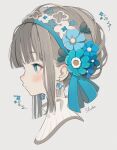 1girl absurdres bangs blue_bow blue_flower blue_ribbon bow cropped_shoulders earrings flower grey_background highres jewelry looking_ahead original ribbon shiraho_(color-56) signature simple_background solo 