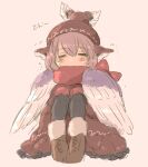  1girl animal_ears bad_link bird_ears bird_wings black_pantyhose blush boots brown_dress brown_footwear brown_headwear closed_eyes dress frilled_dress frills full_body hair_between_eyes highres mystia_lorelei pantyhose pink_background pink_hair red_scarf scarf short_hair simple_background solo third-party_source touhou tsukiori white_wings winged_hat wings 