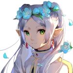  1girl backlighting blue_flower brooch closed_mouth earrings elf eyelashes flower flower_wreath frieren gem grey_hair hair_over_shoulder head_wreath jewelry long_hair looking_at_viewer petals pointy_ears portrait red_gemstone shuangsen simple_background smile solo sousou_no_frieren twintails white_background white_hair 