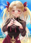  1girl absurdres alternate_costume blonde_hair commentary day earrings ereshkigal_(fate) ereshkigal_(youming_niangniang)_(fate) fate/grand_order fate_(series) highres jewelry long_sleeves looking_at_viewer mochizuki_shion official_alternate_costume own_hands_together red_eyes red_nails smile solo tassel 