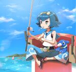  1girl alomomola blue_eyes blue_hair blue_pants blue_sailor_collar bright_pupils clouds commentary_request day eko000ohce fishing fishing_rod flip-flops food freckles glint goggles goggles_on_head highres holding holding_fishing_rod lana_(pokemon) mouth_hold no_sclera one-piece_swimsuit outdoors pants pokemon pokemon_(anime) pokemon_(creature) pokemon_sm_(anime) popplio popsicle rowlet sailor_collar sandals shirt short_hair sitting sky sleeveless sleeveless_shirt swimsuit swimsuit_under_clothes wave_print white_pupils white_shirt 