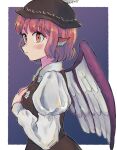  1girl animal_ears bird_ears bird_wings blush brown_dress brown_headwear closed_mouth dress earrings from_side highres jewelry juliet_sleeves long_sleeves mystia_lorelei pink_eyes pink_hair puffy_sleeves sarujimarao short_hair single_earring solo touhou upper_body white_wings winged_hat wings 