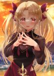  1girl absurdres alternate_costume blonde_hair commentary earrings ereshkigal_(fate) ereshkigal_(youming_niangniang)_(fate) fate/grand_order fate_(series) highres jewelry long_sleeves looking_at_viewer mochizuki_shion official_alternate_costume own_hands_together red_eyes red_nails smile solo sunset tassel twintails 
