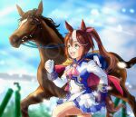  1girl animal_ears ascot asymmetrical_gloves black_gloves blue_eyes blue_jacket blue_skirt bow brown_hair capelet cheesecake_(artist) commentary_request creature_and_personification epaulettes gloves hair_bow high_ponytail highres horse horse_ears horse_girl horse_racing_track horse_tail jacket long_hair long_sleeves miniskirt mismatched_gloves multicolored_clothes multicolored_hair multicolored_jacket partial_commentary pink_bow red_capelet running single_epaulette skirt tail tokai_teio_(racehorse) tokai_teio_(umamusume) two-tone_hair two-tone_jacket two-tone_skirt umamusume white_gloves white_hair white_jacket white_skirt 
