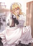  1girl :d ahoge apron bangs black_bow black_bowtie black_dress blonde_hair blue_eyes blurry blurry_background blush bow bowtie clothes_lift collared_dress doorway dress dress_lift frilled_dress frills highres indoors long_hair long_sleeves looking_at_viewer maid maid_apron maid_headdress morigami_(morigami_no_yashiro) one_eye_closed open_mouth original smile solo standing white_apron 