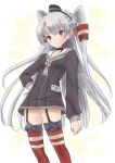  1girl amatsukaze_(kancolle) brown_dress brown_eyes commentary_request cowboy_shot dress garter_straps grey_hair grey_neckerchief hair_tubes highres kantai_collection kitagawa_mikio lifebuoy lifebuoy_ornament long_hair looking_at_viewer neckerchief one-hour_drawing_challenge red_thighhighs sailor_collar sailor_dress short_dress simple_background smokestack_hair_ornament solo standing striped striped_legwear thigh-highs two_side_up white_background white_sailor_collar 