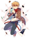  1boy blonde_hair camera david_(lalin&#039;s_curse) hair_between_eyes holding holding_camera isakysaku jacket lalin&#039;s_curse looking_at_viewer male_focus midriff_peek pants photo_(object) red_footwear red_scarf scarf shirt smile solo white_background yellow_eyes 