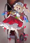  1girl :d ascot bangs blonde_hair crystal fangs flandre_scarlet hat highres indoors laevatein_(touhou) mob_cap one_side_up open_mouth puffy_short_sleeves puffy_sleeves ramochi red_eyes red_footwear red_skirt red_vest shirt short_sleeves skirt smile socks solo stairs touhou vest white_headwear white_shirt white_socks wings yellow_ascot 