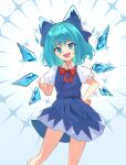  1girl blue_bow blue_dress blue_eyes blue_hair blush bow cirno collared_shirt detached_wings dress fairy fang hair_bow highres ice ice_wings oeyama open_mouth puffy_short_sleeves puffy_sleeves shirt short_hair short_sleeves skin_fang smile solo touhou white_shirt wings 