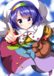  1girl blue_eyes blue_hair cape closed_mouth clouds hand_gesture hand_on_hip headband highres one-hour_drawing_challenge rainbow-color ruu_(tksymkw) short_hair sky smile tenkyuu_chimata touhou white_cape 