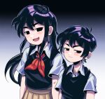  1boy 1girl :3 absurdres black_background black_eyes black_hair bright_pupils brother_and_sister brown_skirt closed_mouth collared_shirt gradient gradient_background highres long_hair looking_at_viewer mari_(omori) neckerchief omori open_mouth red_neckerchief remi_(mozzaremi) shirt short_hair short_sleeves siblings skirt smug sunny_(omori) white_background white_pupils white_shirt 
