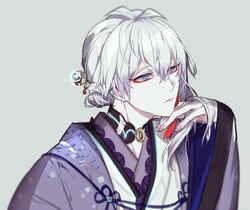  1boy bishounen chinese_knot earrings expressionless eyeliner glowing hair_bun hair_ornament hair_over_shoulder hand_in_own_hair idolish_7 japanese_clothes jewelry makeup male_focus medium_hair osaka_sougo shiny shiny_hair single_hair_bun solo tassel tassel_earrings violet_eyes white_hair yokan_wgs 