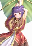  1girl ;) absurdres arm_up arms_behind_head bangs capelet dragon_girl dragon_wings dress fire_emblem fire_emblem:_the_sacred_stones fire_emblem_heroes hair_ornament highres looking_at_viewer mimi_(mimi_ganbaruzo) myrrh_(fire_emblem) official_alternate_costume one_eye_closed purple_hair red_eyes smile solo twintails white_background wings wristband 