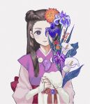  1girl ace_attorney blue_eyes braid brown_hair flower holding holding_clothes holding_flower iris_(ace_attorney) japanese_clothes jewelry long_hair long_sleeves magatama magatama_necklace necklace no_bangs one_eye_covered parted_lips phoenix_wright:_ace_attorney_-_trials_and_tribulations renshu_usodayo simple_background solo 