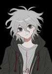  1boy bangs black_background black_eyes closed_mouth danganronpa_(series) danganronpa_2:_goodbye_despair green_jacket grey_hair grey_shirt hair_between_eyes highres hirumanoinu hood hood_down hooded_jacket jacket komaeda_nagito messy_hair print_shirt shiny shiny_hair shirt solo upper_body 