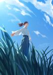  ^_^ artist_name bangs blue_hakama blue_sky closed_eyes clouds dated day field floating_hair from_below from_side grass hakama high_ponytail japanese_clothes kaze_hikaru long_hair long_sleeves male_focus maotai nature okita_souji_(kaze_hikaru) outdoors see-through_silhouette signature sky smile solo standing wide_sleeves wind 