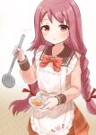  1girl apron artist_name asukaru_(magika_ru) bow braid cooking frilled_apron frills from_above hands_up highres himuro_rabi holding holding_ladle ladle long_hair long_sleeves looking_at_viewer magia_record:_mahou_shoujo_madoka_magica_gaiden mahou_shoujo_madoka_magica parted_lips pink_eyes pink_hair plate ribbon school_uniform simple_background solo tasting_plate 