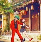  1boy 1girl belt black_dress blush boku_no_hero_academia bracelet brown_hair closed_eyes collar couple door dress flower formal green_eyes green_hair hairband hetero high_heels holding_hands jewelry looking_down messy_hair midoriya_izuku mu_1_2 necklace necktie orange_suit sandals see-through see-through_skirt shoes short_hair sidewalk skirt smile suit transparent tree twitter_username uraraka_ochako walking 