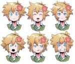  1boy absurdres basil_(omori) blonde_hair blue_eyes blush closed_eyes closed_mouth crying crying_with_eyes_open flower hair_flower hair_ornament highres looking_at_viewer messy_hair omori open_mouth parted_lips remi_(mozzaremi) short_hair smile smug solo tears teeth 