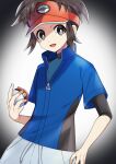  1boy :d absurdres bangs blue_jacket bodysuit bodysuit_under_clothes bright_pupils brown_hair commentary grey_eyes highres holding holding_poke_ball jacket male_focus nate_(pokemon) open_mouth orange_headwear parted_bangs poke_ball poke_ball_(basic) pokemon pokemon_(game) pokemon_bw2 short_hair smile solo tongue visor_cap white_pupils yuihico zipper_pull_tab 