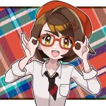  1girl :d adjusting_eyewear bangs bespectacled black_necktie blush breast_pocket brown_hair collarbone collared_shirt commentary_request fu_(tk1189227dhy) glasses gloria_(pokemon) hair_ornament hairclip hands_up hat letterboxed looking_at_viewer necktie open_mouth outline pocket pokemon pokemon_(game) pokemon_swsh shiny shiny_hair shirt short_necktie sleeves_rolled_up smile solo teeth tongue upper_body upper_teeth white_shirt x_hair_ornament 