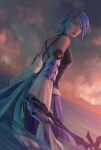  1girl aqua_(kingdom_hearts) bare_shoulders blue_eyes blue_hair blue_skirt breasts cassandra_(avocasso) clouds cloudy_sky detached_sleeves fingerless_gloves gloves hair_between_eyes highres holding holding_weapon keyblade kingdom_hearts looking_back medium_breasts ocean parted_lips partially_submerged short_hair signature skirt sky solo tank_top upper_body weapon wide_sleeves 