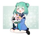  1girl aqua_background bangs blush bottle bouquet bug butterfly carrot closed_eyes double_bun ear_piercing eyepatch fandead_(uruha_rushia) fang fang_out flower gradient_hair green_hair green_ribbon hair_bun hair_ornament hololive kintsuba_(shiranui_flare) knees_together_feet_apart medium_hair milk_bottle multicolored_hair open_mouth panda piercing piyoko_(uruha_rushia) ribbon sakana_(saka11205) seiza simple_background sitting skull_hair_ornament smile uruha_rushia virtual_youtuber wide_sleeves 