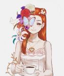  1girl ace_attorney bug butterfly butterfly_on_face cup dahlia_hawthorne dress flower hair_flower hair_ornament holding holding_cup jewelry looking_at_viewer necklace no_bangs one_eye_covered orange_eyes orange_hair plant renshu_usodayo sleeveless smile solo sundress teacup vines white_dress 